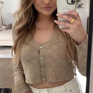 glassons checkered cardigan in a cream/light brown color